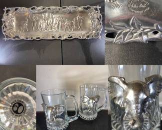 Arthur Court Pewter Elephant Tray 
(2) Arthur Court Pewter Elephant Head Glass Beer Mugs
