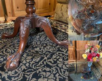 Carved Mahogany Ball & Claw Chippendale Style Glass Top Coffee Table 