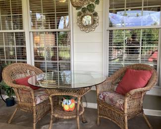 Resin Wicker All Weather Glass Top Table & Pair Arm Chairs 