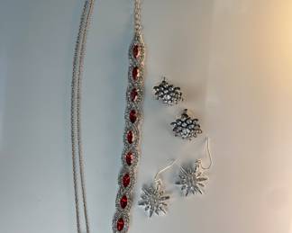 Fashion Necklace, Fashion Bracelet with Red & Rhinestones, Fashion Pierced Earrings 
