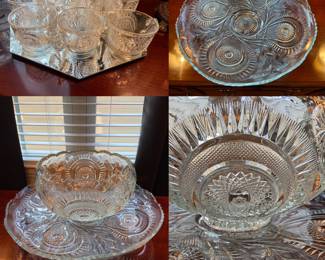 Antique EAPG L.E. Smith Glass Punch Bowl + 11 Matching Cups, Platter Pinwheel & Stars Pattern, AKA Radiant Daisy/Slewed Horseshoe