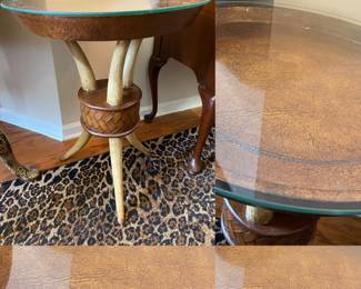Faux Leather Top Elephant Tusk Legs Small Round Tray Table