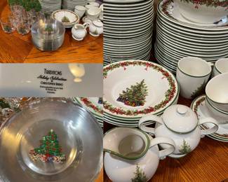 Large Collection of Christopher Radko Traditions Holiday Celebration Dinnerware 
Glass Christmas Tree Plates/Cups/Glasses