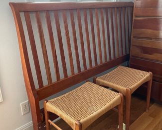 Harden queen headboard, (metal frames in garage) Two Glyngore Stolefabrik  Danish Modern teak benches w/ rush seat ( rush to 1 is damaged), labeled. 