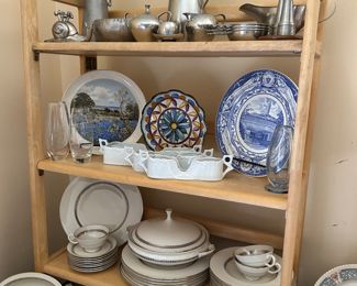 Top shelf: Mid-century modern pewter, Middle shelf:  Porfirio Salinas Bluebonnet plate and vintage University of Texas plate, Bottom: Vintage Lenox Springdale & Lenox Majesty, 