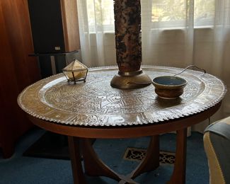 MCM side table attributed to Broyhill Brasilia.  (Shown here topped by  a mid-century Aztec calendar brass tray being sold separately) also vintage wallpaper table lamp, mcm pottery and MoP coaster set in glass box and a vintage pair of Phase Technology 60 Mark II high fidelity floor speakers on stands