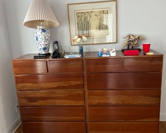 Pair of mid-century W.R. Dallas Furniture solid cherry 6-drawer dressers. One has damage to finish on top.