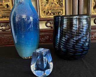 L to R: Josh SIMPSON Studio Blue Art Glass Vase,  Ed Nesteruk art glass, Large Mark Stephenson Art Glass Vase