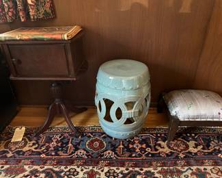 Petite Music, Sewing Telephone storage table,  Safavich Double Coin Garden Stool, Antique oak Foot Stool upholstered in 1950's atomic fabric