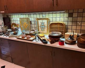 Mid century serveware exotic wood bowls lacquer Italian painted trays etc.