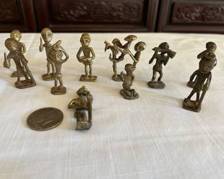 Antique African brass gold weights Akan Ashanti  figures on stands, approx 2.5" tall