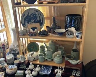 Antique and semi-antique Chinese, Metalware, Porcelain & Celadon including fine antique Chinese dragon plate Vintage Korean Celadon Glaze Ceramic Tea Set, Cloisonne , incenses, MCM Uccago, Tonalo, signed art pottery 