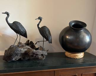 Siggi Munk attributed bronze bird sculpture, Black Mexican Pottery Vessel w Round Bottom
