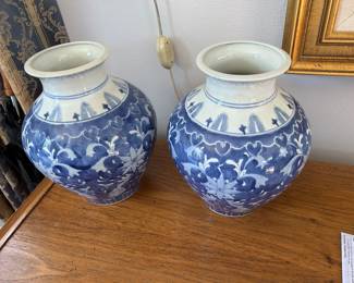 Pair blue and white Asian vases