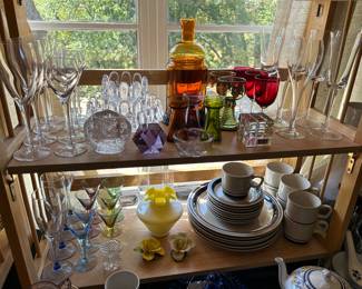 Orrefors, Lenox, Blenko, Rookwood, Savorowski, Kosta Boda, & more MCM glass & crystal.  Lower right: vintage Chateau stoneware lot