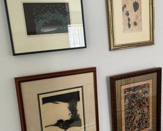 Clockwise from top left . 'Approaching Storm' 1983 colored woodcut  print an edition of 20 by Del Swan framed contemporary woodblock  print Tokio Miyashita (1930 -2011) , Jacob Heller (American) 1960's Woodblock Print Puerto Vallarta Village Street, Signed Woodcut “From the Hillside” Frank C.  Eckmair (American 1930 - 2012) 