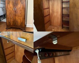 Footed  Art Deco burled wood wardrobe/ cabinet measures 56 inches tall 30 inches across 19 inches deep