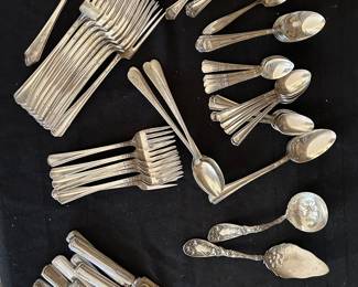 Silver-plated flatware: AA Wm. Rogers service for 8, French Plate Child's fork and spoon, also Oneida, Community plate, Argyle ice teas, Court fruit spoons, Oxford ladle and server  