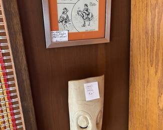 Ben Sargent /Lorene Rogers framed cartoon, animism carved mask  