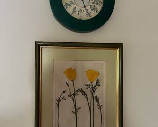 Top: Vintage battery-operated Ziro Clock,  "Yellow Poppies" Color Etching Walter Cleveland, (American 1940 -)