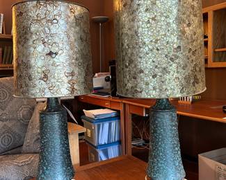 A Pair of Mid-century modern Artemis Studios "Lava glaze" table lamps with shades,  atop Danish teak Lamp table . 