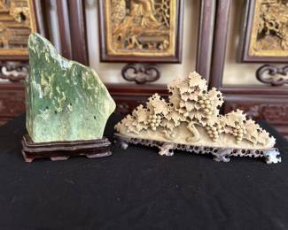 L: Antique Green Nephrite Jade Viewing Stone, R: Vintage Chinese Hand Carved Soapstone Sculpture on Stand