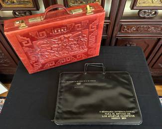 Mexican tooled leather briefcase and 1968 Mexican Olympics attache