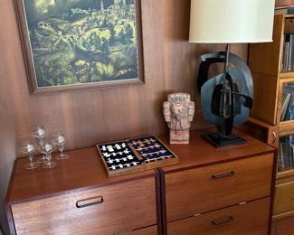 Pair of 2 drawer Teak File Cabinets, Hand Carved Chinese Chess Set Richard Barr for Laurel Lamp company