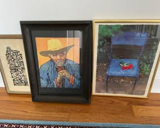 L to R: Cityscape Jacob Heller woodblock print, Portrait of Patience Escalier by Vincent Van Gogh print 