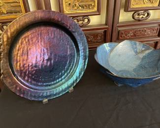 Mesolini Art Glass Plate, Larry Allen Studio Pottery, signed petal bowl 