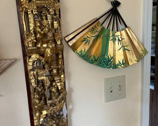 Antique hand carved Chinese Wall Temple panel, vintage folding fan, one of several 