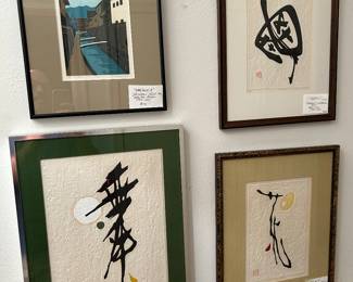 Clockwise  from the top left: “warehouse B” silk screen print 1974 Shinjiro Nozaki (1923–2011) , “Tortoise-A” embossed woodblock print Haku Machi open parentheses (Japan 1924–2000) , “poem 60–10” embossed woodblock print by maki Haku ( Japan 1924–2000) , “poem 71–64” embossed woodblock print Haku Machi ( Japan 1924–2000)