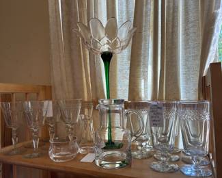 Libby Rock Sharpe "Jefferson" goblets and water glasses. vintage Italian flower bowl pedestal. Tiffany bedside carafe 