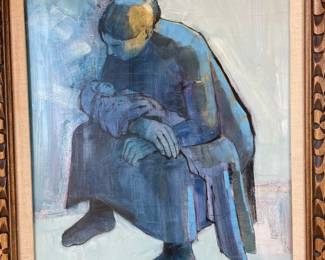 Original 16 x 20 painting on masonite by Donna Berger in the style of Picasso's "Blue Period"  signed two thirds down on right and dated 1973. 