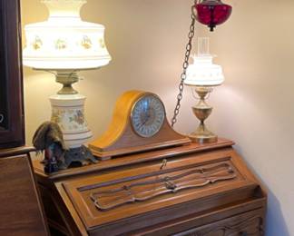 DROP FRONT DESK, CLOCKS, LAMPS