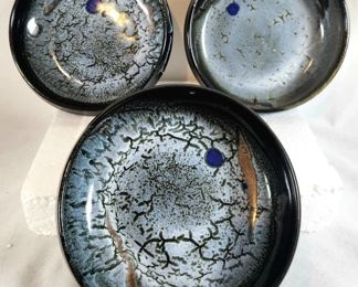 3 Glazed Ceramic Signed Studio Pottery Bowls