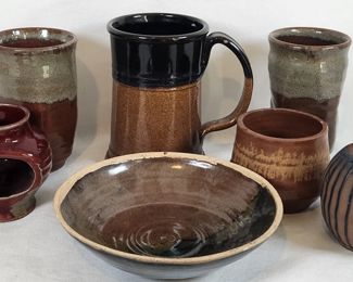 7 Glazed Studio Pottery Mugs & Vases Signed
