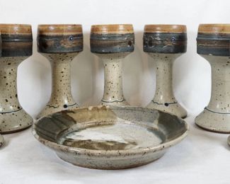 Lot of 7 Studio Pottery Goblets & 1 Glazed Platter