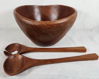 Vintage Wooden Salad Bowl & Spoons