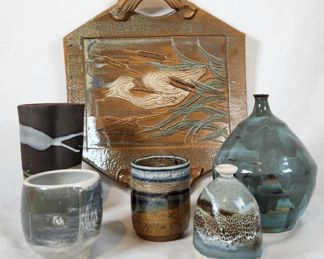 Raised Crane Platter & Assorted Studio Pottery