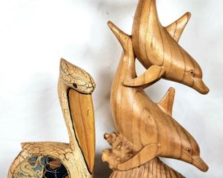 Hand Carved Wooden Dolphin & Pelican Sculptures