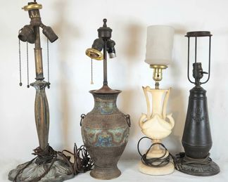 4 Antique Metal Lamp Bases Asian Iron