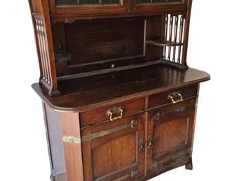 Old Art Nouveau Heavy Oak Cabinet w/ Leaded Glass