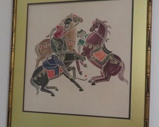 Painted Chinese rubbing in faux bamboo frame