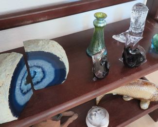 Art pottery, geode bookends, Ralph Lauren crystal boot
