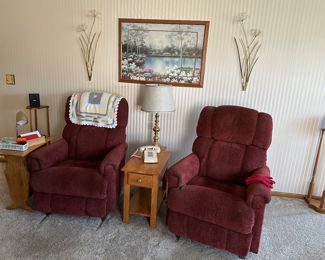 Rocker recliners, end tables, wall decor