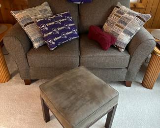 Loveseat, foot stool, throw pillows, Vikings