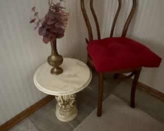 Marble top accent table, antique chair