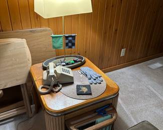 Vintage end table, NASCAR table lamp, another push button telephone!