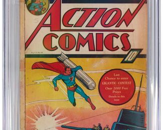 1
Action Comics #21 (DC Comics, 1940)
Early Golden Age Superman appearance, Ultra (Ultra-Humanite) appearance, including two ads for More Fun Comics #52
Label: restored
Restoration Status: C-2, small amount of glue on cover
Grader Notes: Piece out spine, heavy spine roll, small amount of glue on interior spine
Publisher: D.C. Comics
Page Quality: cream to off-white pages
Estimate: $800 - $1,200